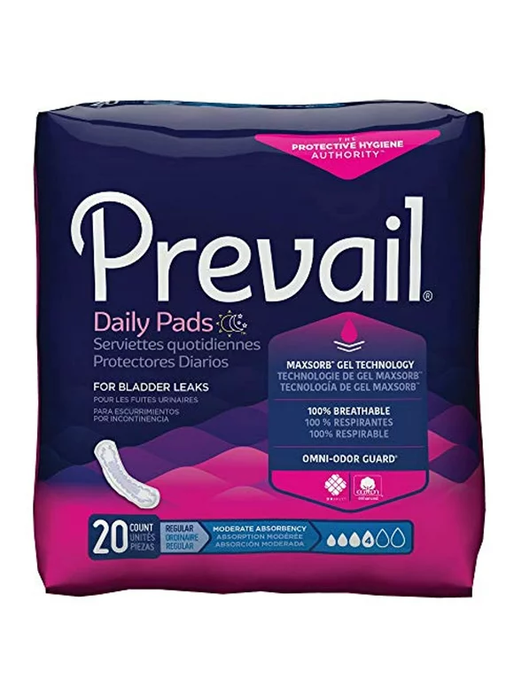 Prevail Daily Pads Bladder Control Pad 9-1/4 Inch Length Moderate Absorbency Polymer One Size Fits Most Female Disposable, BC-012 - Pack of 20