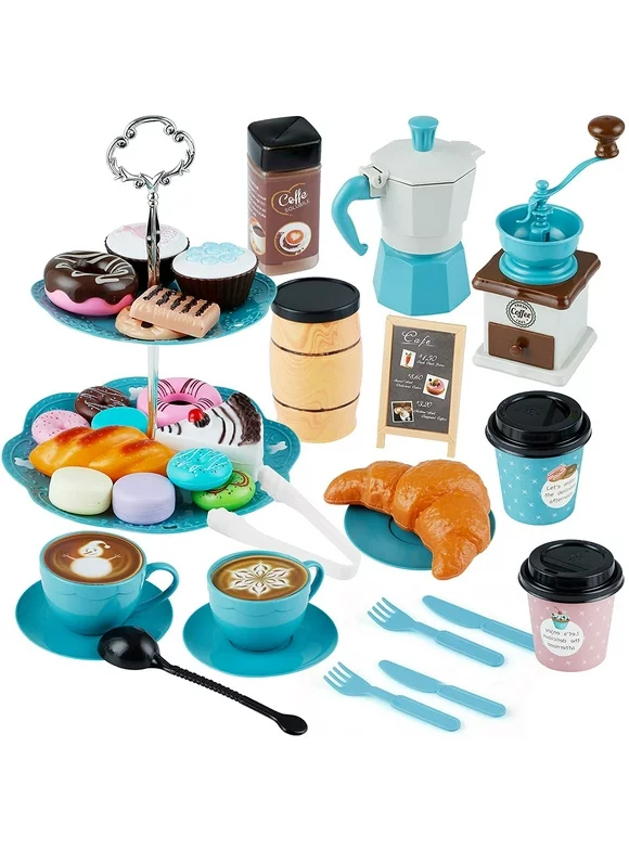 Toy Tea Set for Girls, Play Coffee Maker Set, Party Play Food for Kids, Tea Time Toy Set - Including Coffee Maker Dessert Cookies Play Kitchen Accessories Toy for Toddlers Boys Girls