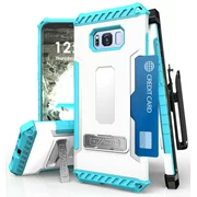 WHITE TURQUOISE TRI-SHIELD RUGGED CASE COVER with MAGNETIC KICKSTAND + BELT CLIP HOLSTER + LANYARD STRAP + CREDIT CARD WALLET SLOT FOR SAMSUNG GALAXY S8 PLUS PHONE (SM-G955), S8+