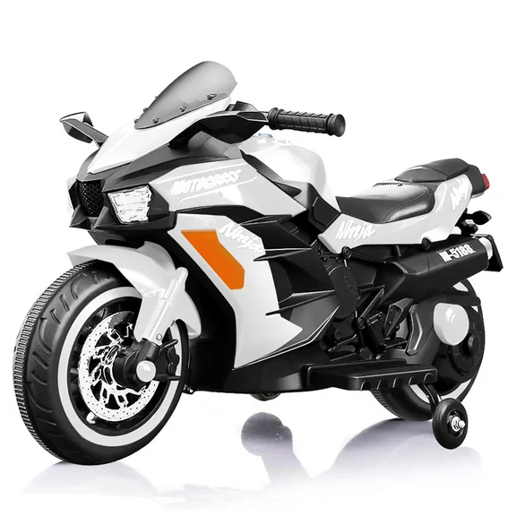 12v Motorcycle for Children, Ride on Motorcycle with Light Wheel and PU Seat, Electric Motorcycle for Kid, White