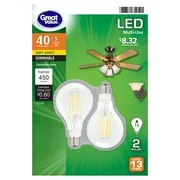 Great Value LED Light Bulb, 5 Watts (40W Eqv.) A15 Ceiling Fan Clear Lamp E12 Base, Dimmable, Soft White, 2-Pack