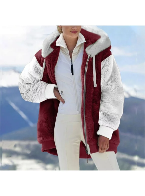 Transer Women Clearance All 2022! plus size winter coats for women Women Plus Size Winter Warm Loose Plush Zip Hooded Jacket Coat shacket jacket for Fall, Winter