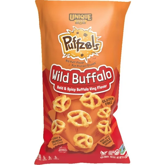 Unique Snacks Puffzels, Wild Buffalo, Bold and Spicy Buffalo Wing Flavor with a Fun Pretzel Crunch, Gluten-Free Snacks, 4.8 Ounce Bags, Pack of 6