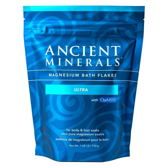 Ancient Minerals Magnesium Bath Flakes Ultra with OptiMSM, Resealable Magnesium Supplement Bag, 1.65 lb