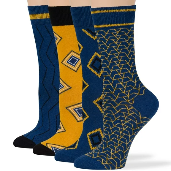 Women Cotton Calf Fun Socks 4 Pairs Medium 9-11, Geometric Pattern Stripe Soft Crew Long , Estate Blue, Black, Gold
