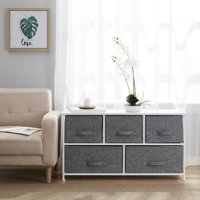 5 Drawer Extra Wide Storage Dresser Tower - White Wood Top - Sturdy Metal Frame - Linen Fabric Storage Bins with Pull Tabs - Organizer Unit for Hallway, Entryway, Closets and Bedroom -Gray