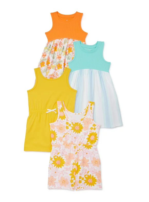 Wonder Nation Toddler Girl Romper and Dress Set, 4-Piece, 12 Months-5T