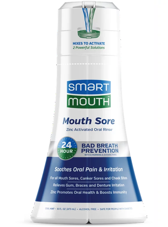 SmartMouth Zinc Activated Oral Breath Rinse Mouthwash Mouth Sore, Cool Mint, 16 fl oz