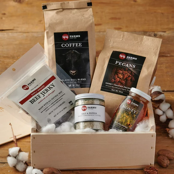 44 Farms Texas Pack Gift Bundle: Coffee, Pecans, Beef Jerky, Honey, and Salt & Pepper Blend