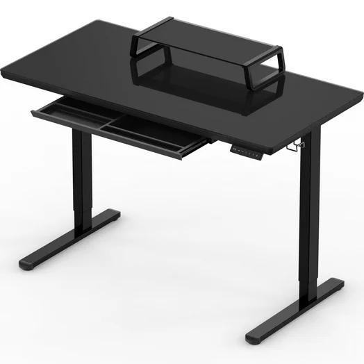 SHW 48-Inch Glass Electric Height Adjustable Desk with Monitor Riser and Drawer, Black
