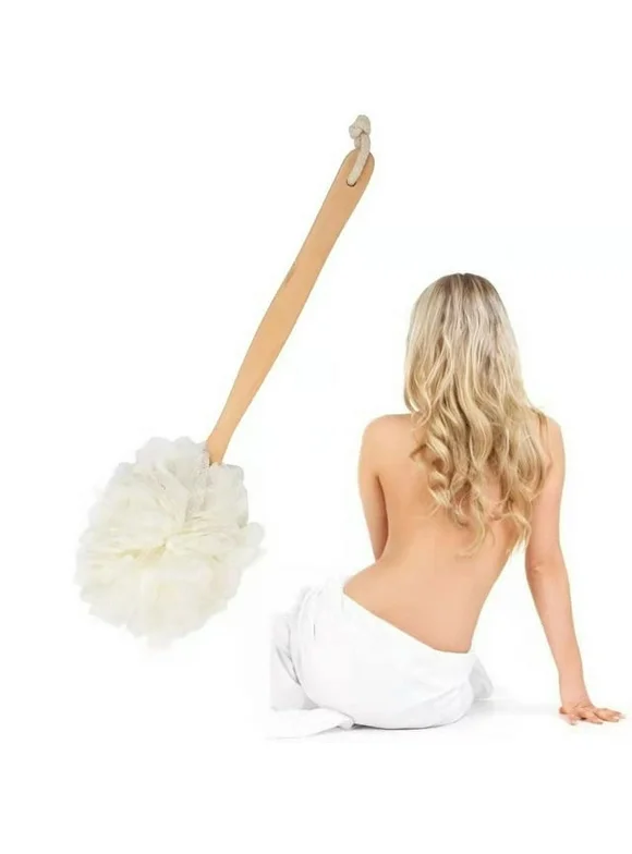 Loofah Back Scrubber - Men & Women Long Handled Exfoliating Bath & Shower Body Brush - Handheld Luffa Sponge Scrubber with Long Wooden Handle