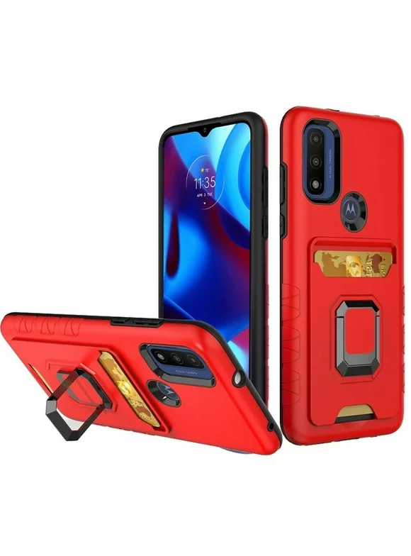 Kaleidio Case For Motorola Moto G Pure, Moto G Power (2022) [Robust Hybrid] Protective Card Slot [Magnetic Ring Stand] Impact Cover [Red/Black]