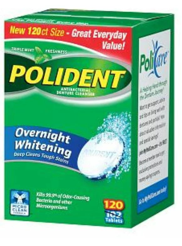 Polident Overnight Whitening, Antibacterial Denture Cleanser, Triple Mint Freshness 120 ea (Pack of 2)