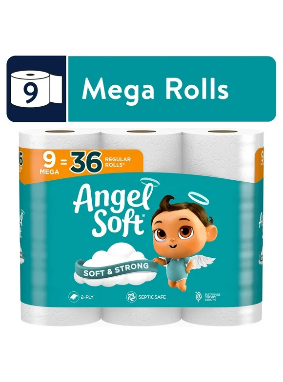 Angel Soft Toilet Paper, 9 Mega Rolls, Soft and Strong Toilet Tissue