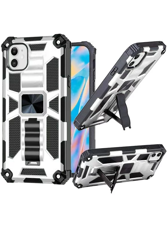 Kaleidio Case For iPhone 14 (6.1") [Tactical Hybrid] Rugged Shockproof [Kickstand] Magnetic Armor Impact Cover [Silver/Black]