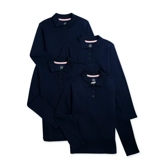Wonder Nation Girls School Uniform Long Sleeve Interlock Polo Shirt, 4-Pack, Sizes 4-18