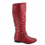 Coco-20 Women's Fashion Buckles Low Heel Round Toe Zipper Knee High Riding Boots