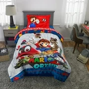 Super Mario Odyssey Kids Microfiber Bed-in-a-Bag Bedding Bundle Set, Gray and Blue
