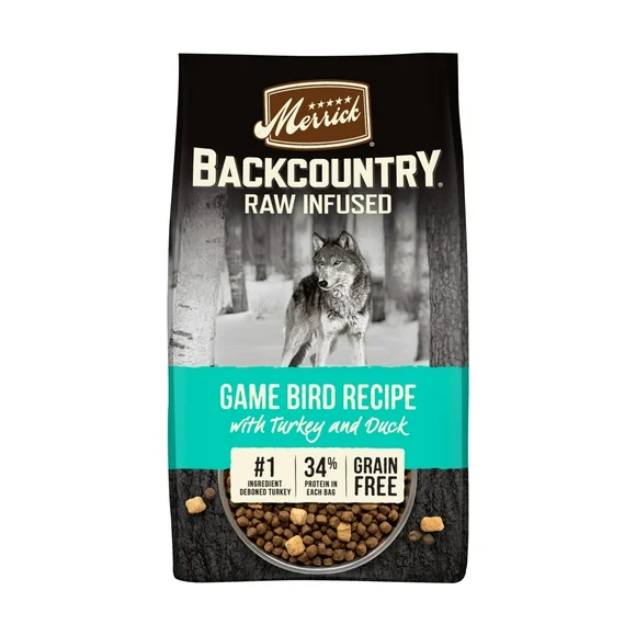 Merrick Backcountry Grain Free Dry Adult Dog Food, Kibble With Freeze Dried Raw Pieces, Game Bird Recipe, 20.0 lb. Bag