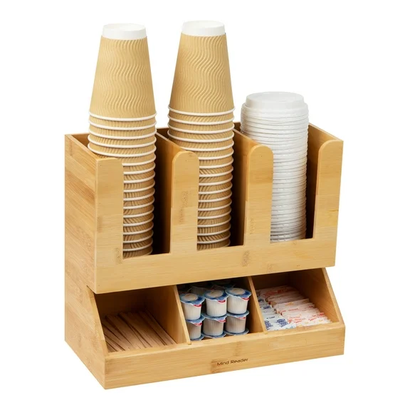 Mind Reader 6-Compartment Coffee Condiment Organizer, Cup and Lid Storage, Bamboo Brown