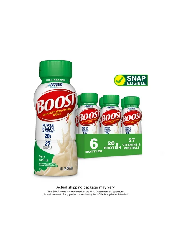 BOOST High Protein Nutritional Drink, Very Vanilla, 20 g Protein, 6 - 8 fl oz Bottles