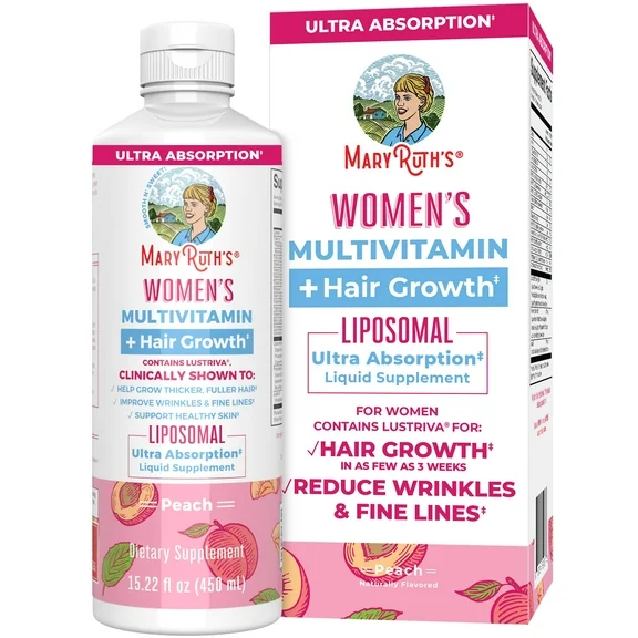 MaryRuth's | Women's Multivitamin Liposomal   Lustriva | Hair Growth, Healthy Skin | Vegan, Sugar Free | Peach Flavor | 15.22 fl oz