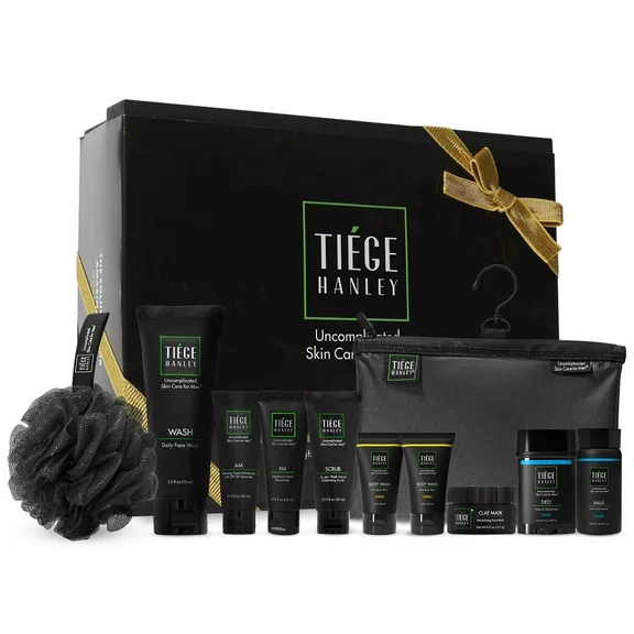 Tiege Hanley Men's Gold Skin Care Gift Set with Face Wash, Morning Facial Moisturizer, Eye Cream, Detoxifying Clay Mask, LIP Balm with SPF, and Face Towel