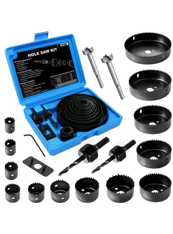 Hole Saw Kit 22 PCS 3/4"-5" Full Set in Case with Mandrels, Hex Key and Install Plate, Ideal for Soft Wood, PVC Board