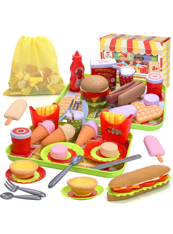JUMPER Play Food Set Fast Food Play Toys for Pretend Play Kitchen Pretend Play Accessories Childrens' Educational Food Toys STEM Toys Christmas Gifts for Kids Boys Girls, 59PCS