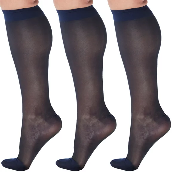 (3 Pairs) Made in USA - Womens Support Stockings 15-20mmHg - Navy, Large