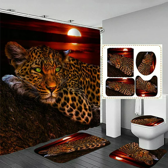 FRAMICS Leopard Cheetah Shower Curtain and Rug Sets, 16 Pc Brown Moon Bathroom Sets, Waterproof Fabric Shower Curtain with 12 Hooks and Toilet Rugs