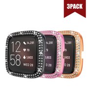 Ultra Thin Screen Protector Case Compatible with Fitbit Versa 2 Case, Bling Crystal Rhinestone Bumper PC Protective Cover, Women Girl Shiny Double Row Diamond Watch Case (3/2/1 Pcs)