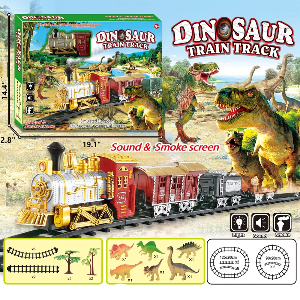 Dinosaur Train Set Christmas Tree Smoke Train T-Rex Toy Toddler Electric Whistle Spinosaurus Train Tracks Tren (18 Piece Set)