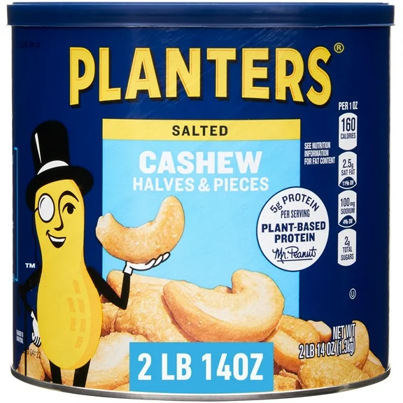 PLANTERS Salted Cashew Halves & Pieces, Party Snacks, Plant-Based Protein, 2 Lb 14 oz Canister