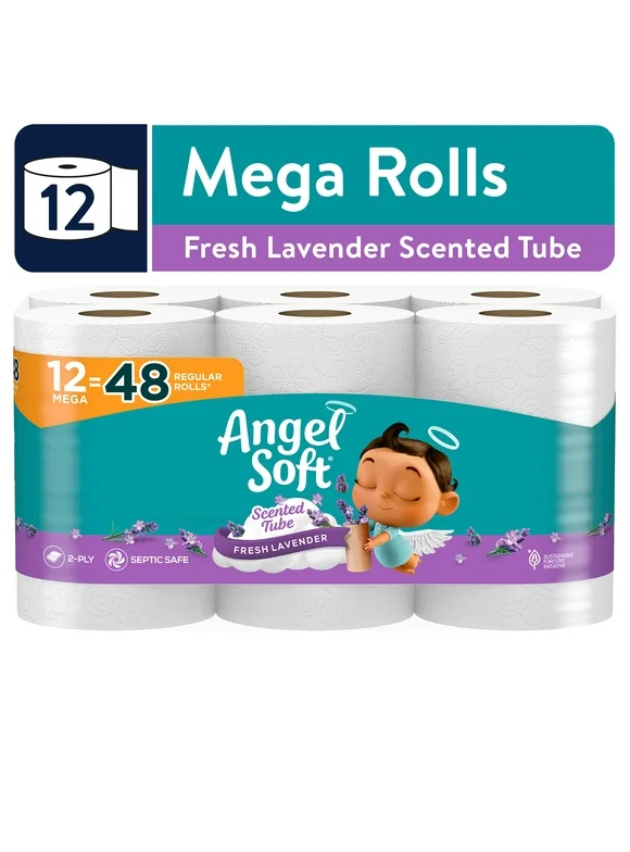 Angel Soft Toilet Paper, 12 Mega Rolls, Scented Fresh Lavender Tube, Soft and Strong Toilet Tissue