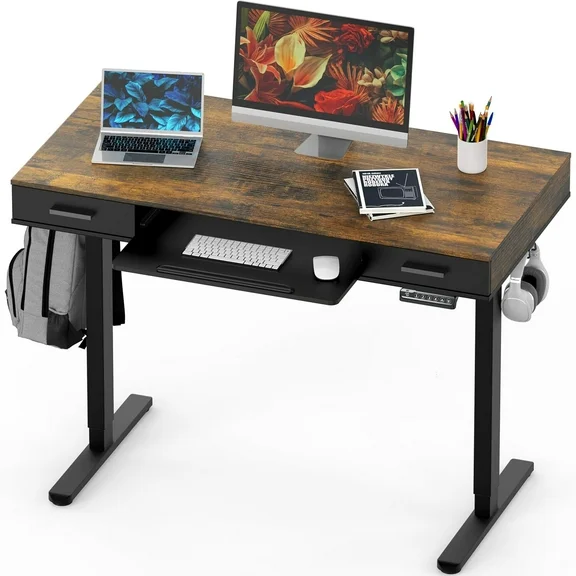 SHW 48-Inch Electric Height Adjustable Desk with Keyboard Tray and Two Drawers, Rustic Brown
