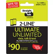 Straight Talk $90 ULTIMATE UNLIMITED 2-line 30-Day Plan plus 10GB Hotspot Data per line e-PIN Top Up (Email Delivery)