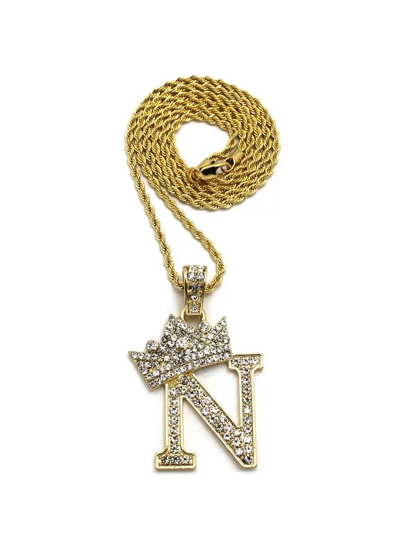 Stone Stud Allover Tilted Crown Initial N Pendant w/ 3mm 18" Rope Chain Necklace, Gold-Tone