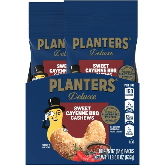 PLANTERS Sweet Cayenne Barbecue Cashews, Plant-based Protein, Whole, 2.25 oz Tube (Pack of 10)
