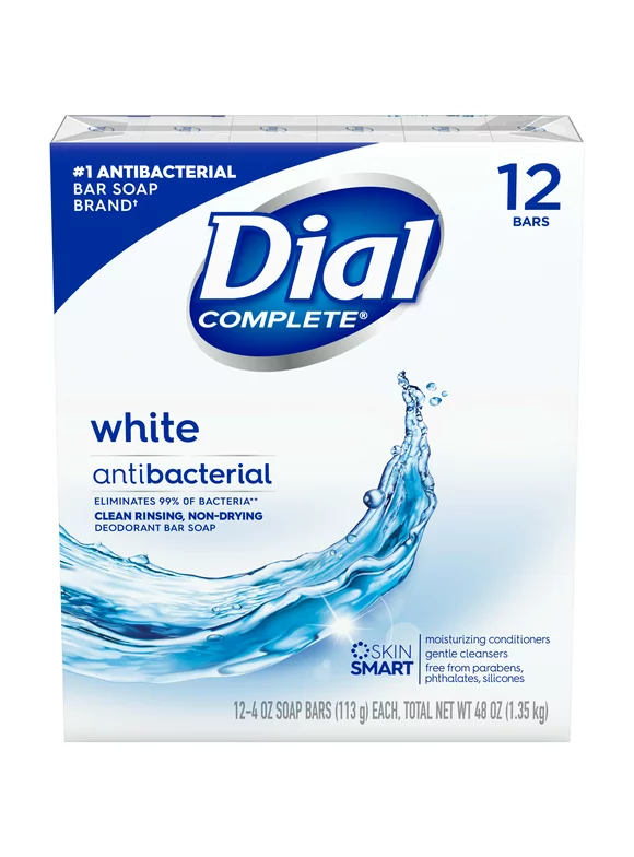 Dial Complete Antibacterial Deodorant Bar Soap, White, 4 oz, 12 Bars