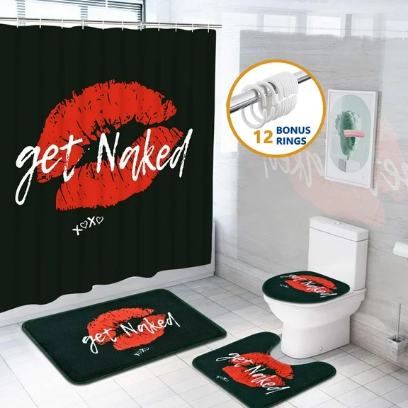 FRAMICS Red Sexy Lips Shower Curtain and Rug Sets, 16-Piece Get Naked Bathroom Shower Curtain Sets, Waterproof Fabric Shower Curtain with 12 Hooks and Toilet Rugs
