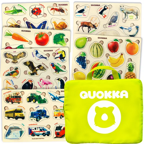 QUOKKA Set of 6 Wooden Puzzles for Toddlers Ages 1 4 - Children's Wood Toys for Learning Realistic Animals Fruits Veggies Vehicles - Gift for Boys and Girls