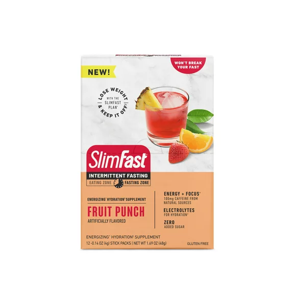 SlimFast, Intermittent Fasting Energizing Hydration Drink Mix, Fruit Punch, 12 Servings