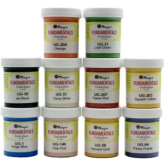 Mayco Underglaze Set 1 - Set of 10 - Assorted Colors in 2 ounce Jars with Free How to Paint Bisque Book