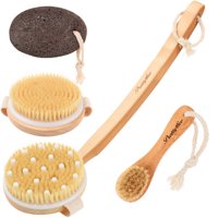 Body Brush Set Shower Back Scrubber for Dry Brushing Exfoliating Bath Massager with Detachable Long Handle + Facial Brush + Pumice Stone