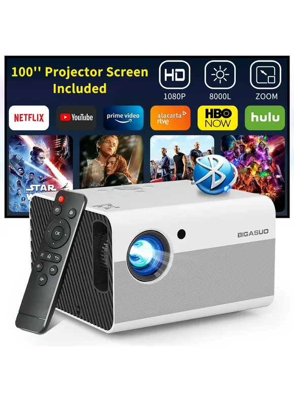 BIGASUO Native 1080P Bluetooth Projector,Portable Mini Home Video Projector with HiFi Stereo, Compatible with TV Stick, HDMI, USB（includes 100" Screen）