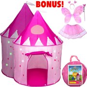 5-Piece Princess Castle Girls Play Tent w/ Glow in The Dark Stars & Butterfly Fairy Dress Up Costume - Childrens Play Tents for Indoor & Outdoor Use with Pink Girls Playhouse Fairy