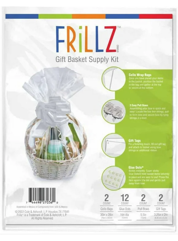 Frillz Brand Gift Basket Wrap 2 Pack Kit: 2 Ribbon Bows, 2 White Tags, 2 Clear Bags, 12 Glue Dots