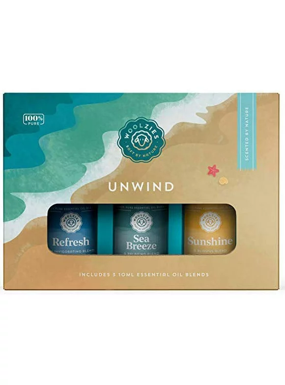 Woolzies Unwind Essential Oil Blend Set, Refresh, Sea Breeze, & Sunshine Blends