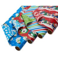 American Greetings Christmas Reversible Wrapping Paper, Blue Snowman, Multicolor Stripe, 4-Rolls, 120 Total Sq. Ft.